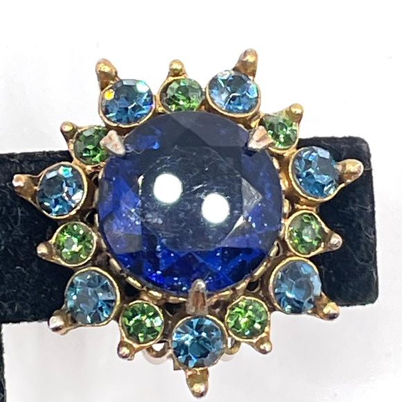 Florenza Signed Vintage Blue Green Textured Gold Tone Pin Brooch Earrings Set - Picture 5 of 9